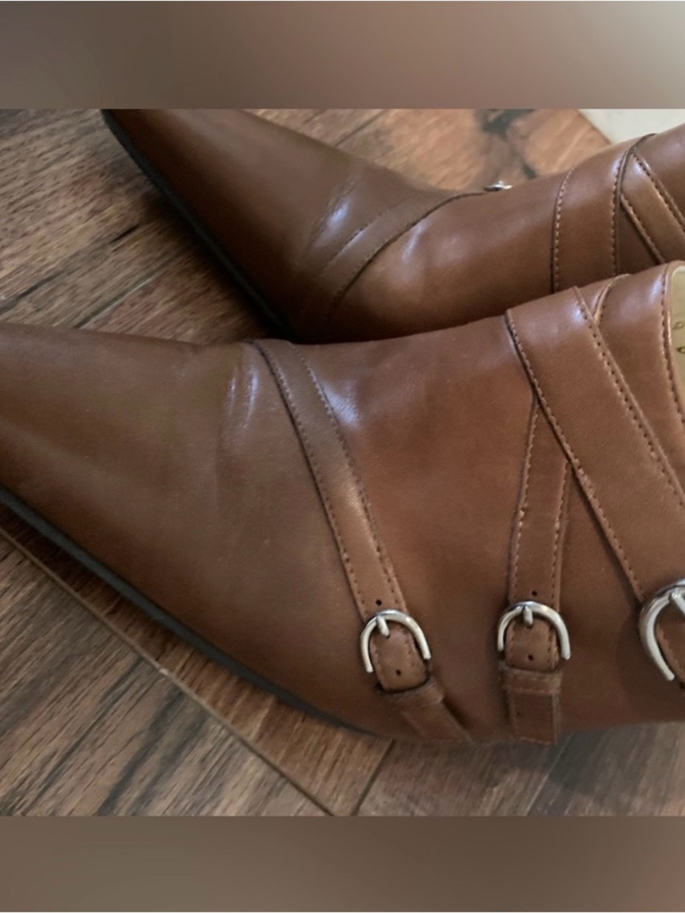 Coach Tan Pointed Toe Leather Mule with Triple Buckle Straps